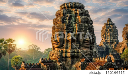 Ancient Temple With Carved Faces at Sunrise - Generative Ai 130196515
