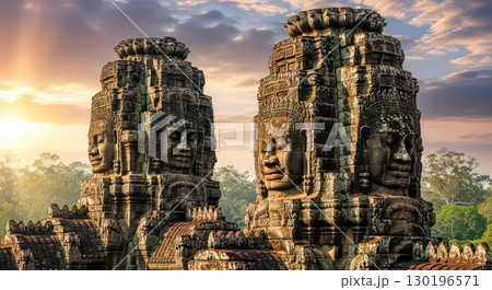 Ancient Stone Towers With Carved Faces at Sunset Generative Ai 130196571