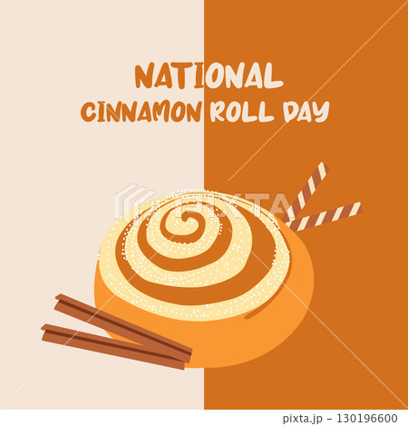 Autumn banner for National Cinnamon roll day with bun and cinnamon in flat style. Hand drawn vector illustration perfect for autumn banners and social media 130196600