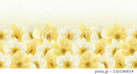 Seamless flower border of yellow, white daffodils on a gradient background with a yellow tint. Handmade digital illustration, watercolor, pastel. Seamless flower border of yellow, white daffodils on a gradient background with a yellow tint. Handmade digital illustration, watercolor, pastel. 130196654