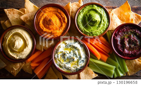Hummus, guacamole and other homemade dips with crispy chips and fresh veggies for dipping. Homemade dips for snacking, delicious and healthy Hummus, guacamole and other homemade dips with crispy chips and fresh veggies for dipping. Homemade dips for snacking, delicious and healthy 130196658