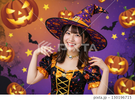 魔女の仮装をした女性とハロウィンパーティーイメージ 130196715