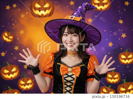 魔女の仮装をした女性とハロウィンパーティーイメージ 130196716
