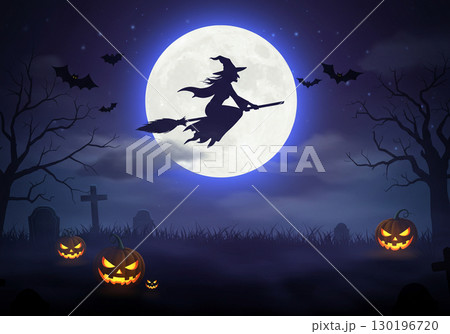 月夜と魔女のシルエットのハロウィーンイメージ 130196720