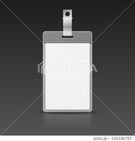 Vector Blank Vertical ID Badge With Clip Holder. Conference Pass, Visitor Tag, Office Staff Identity Card, Security Entry Pass, Printable Name Tag, Event Credential, Vector Illustration 130196783