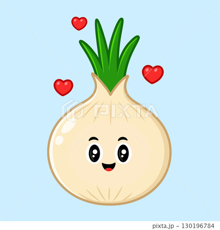 A cheerful cartoon onion with a delightful smile and floating hearts, full of love. 130196784