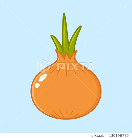 Cartoon onion illustration with green sprouts on a light blue background. 130196786