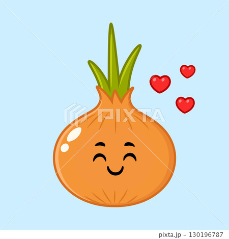 A cheerful cartoon onion with a delightful smile and floating hearts, full of love. A cheerful cartoon onion with a delightful smile and floating hearts, full of love. 130196787