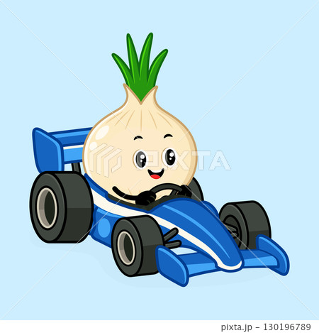 A cheerful onion character races around in a blue race car, ready for a fun competition A cheerful onion character races around in a blue race car, ready for a fun competition 130196789