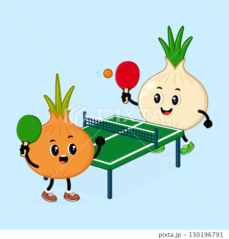 Two cute onion characters enjoy a game of table tennis in a playful cartoon style. 130196791