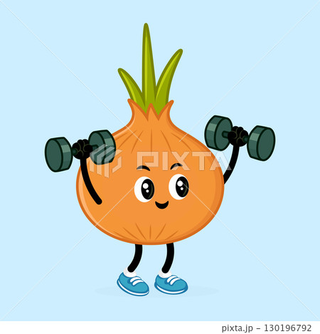 A funny cartoon onion character is lifting dumbbells, embodying a healthy lifestyle through exercise. 130196792