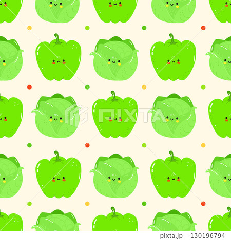 A charming, repeating pattern featuring adorable, smiling green bell peppers and cabbages. 130196794