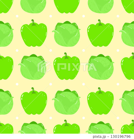 A playful, seamless pattern featuring green peppers and cabbages on a yellow backdrop. 130196796
