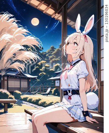 月の夜に縁側に座るウサギの女の子 月の夜に縁側に座るウサギの女の子 130196834