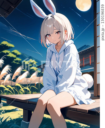 月の夜に縁側に座るウサギの女の子 130196839