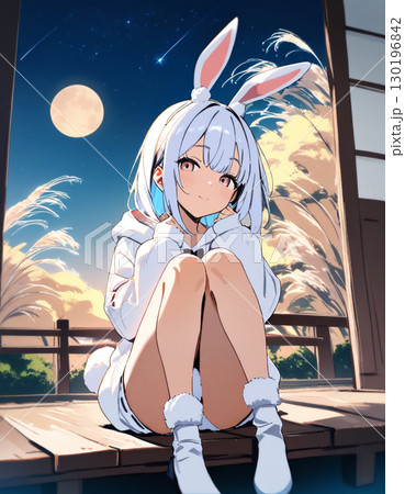 月の夜に縁側に座るウサギの女の子 130196842
