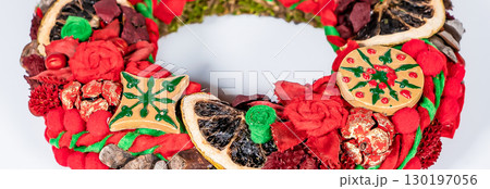 Christmas wreath candle candle gingerbread tree white snow isolated Christmas wreath candle candle gingerbread tree white snow isolated 130197056