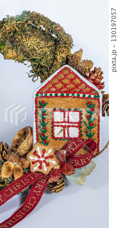 Christmas wreath candle candle gingerbread tree white snow isolated 130197057