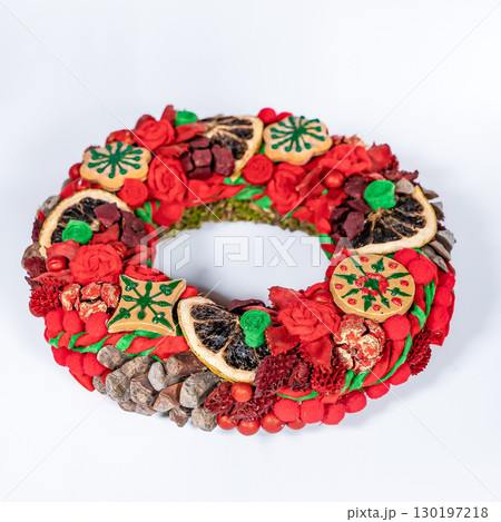 Christmas wreath candle candle gingerbread tree white snow isolated 130197218