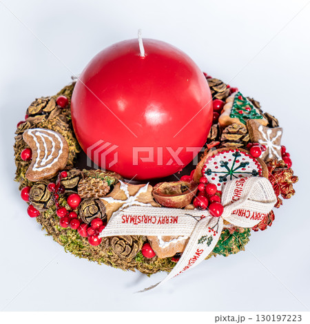 Christmas wreath candle candle gingerbread tree white snow isolated Christmas wreath candle candle gingerbread tree white snow isolated 130197223