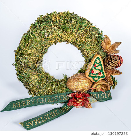 Christmas wreath candle candle gingerbread tree white snow isolated Christmas wreath candle candle gingerbread tree white snow isolated 130197228