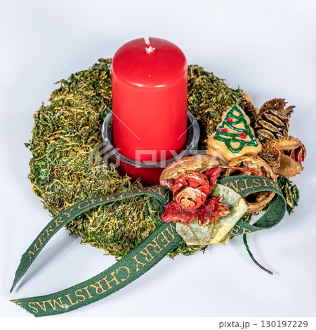 Christmas wreath candle candle gingerbread tree white snow isolated 130197229