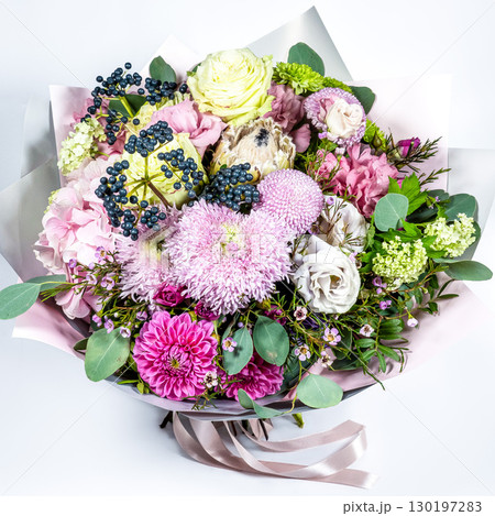 Bouquet of fresh delicate flowers on a white background gift 130197283