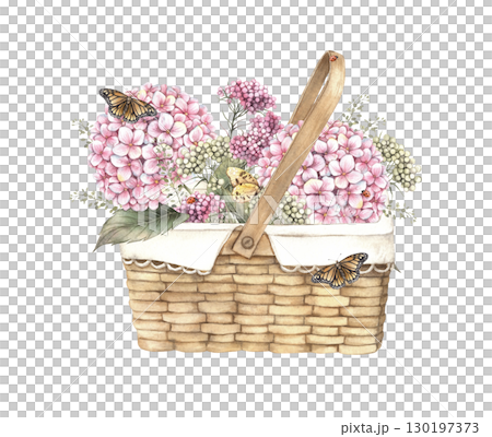 Wicker basket with white napkin, hydrangea flowers, green herbs, ozothamnus, and different butterflies. Watercolor illustration suitable for greeting cards, invitations, packaging and seasonal designs Wicker basket with white napkin, hydrangea flowers, green herbs, ozothamnus, and different butterflies. Watercolor illustration suitable for greeting cards, invitations, packaging and seasonal designs 130197373