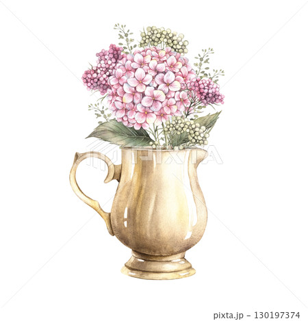 Bouquet in a vase of flowers hydrangea pink and small inflorescences of flowers with leaves. Watercolor botanical illustration. Suitable for greeting cards, wedding design, invitations, packaging. 130197374