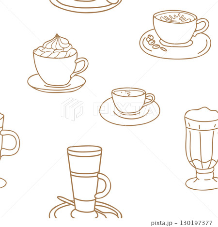 Coffee Seamless Pattern. Cappuccino, Americano or Espresso, with whipped Cream, Latte, Irish or Iced Coffee cocktail drawing in Doodle style. Brown, beige color. Ideal for beverage branding, cafe menu Coffee Seamless Pattern. Cappuccino, Americano or Espresso, with whipped Cream, Latte, Irish or Iced Coffee cocktail drawing in Doodle style. Brown, beige color. Ideal for beverage branding, cafe menu 130197377