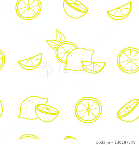 Lemon seamless graphic pattern in minimalistic style. Hand drawn Doodle illustration of whole Fruit and Cut Citrus Slices in yellow color. For paper, menu, fabric. 130197379