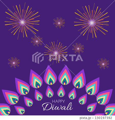 Diwali celebration card with rangoli and fireworks in flat style. Deepavali vector illustration for print and online projects Diwali celebration card with rangoli and fireworks in flat style. Deepavali vector illustration for print and online projects 130197392