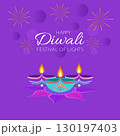 Diwali celebration card with lamps diyas and text in flat style. Deepavali vector illustration for banners, social media 130197403