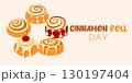 Autumn banner for National Cinnamon roll day with buns in flat style. Hand drawn vector illustration perfect for autumn banners and social media 130197404