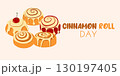 Seasonal card with buns for National cinnamon roll day in flat style. Hand drawn vector illustration for autumn banners and social media posts 130197405