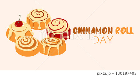 Seasonal card with buns for National cinnamon roll day in flat style. Hand drawn vector illustration for autumn banners and social media posts 130197405