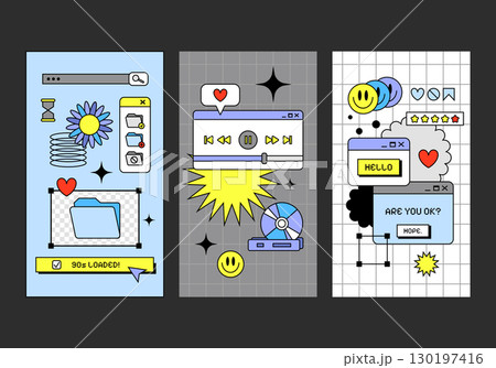 Collection of retro covers with flat UI and UX elements of Y2K windows style. Graphic frames and computer game elements. Nostalgic style of 80s, 90s. Cartoon old computer screen. Vector windows, signs 130197416