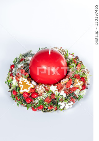 Christmas wreath candle candle gingerbread tree white snow isolated Christmas wreath candle candle gingerbread tree white snow isolated 130197465