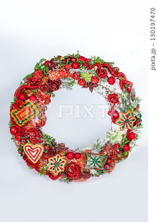 Christmas wreath candle candle gingerbread tree white snow isolated Christmas wreath candle candle gingerbread tree white snow isolated 130197470