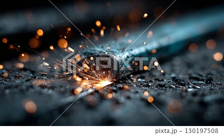 Metal grinding with intense sparks in a workshop 130197508