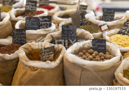 Various spices for sale at the market in Nyons, France Various spices for sale at the market in Nyons, France 130197533