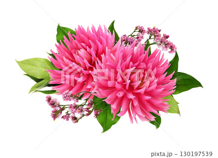 Pink dahlia flowers and limonium in a floral arrangement isolated on white background Pink dahlia flowers and limonium in a floral arrangement isolated on white background 130197539
