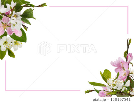 Spring twigs of garden trees for corners arrangements with frame isolated on white 130197541
