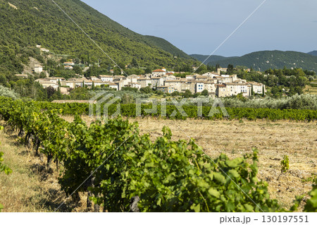 Vineyards and village of Venterol in Drome, Auvergne Rhone Alpes, France, during summer day Vineyards and village of Venterol in Drome, Auvergne Rhone Alpes, France, during summer day 130197551