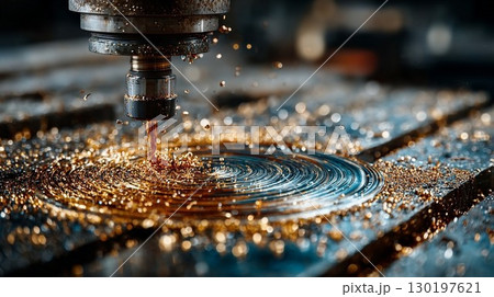 CNC milling machine carving metal with golden shavings 130197621