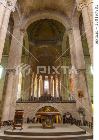 Interior of the Baptistery Saint Jean de Poitiers showing altar, dome and columns 130197881