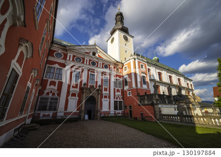 Broumov Monastery standing tall under a cloudy sky in Czechia Broumov Monastery standing tall under a cloudy sky in Czechia 130197884