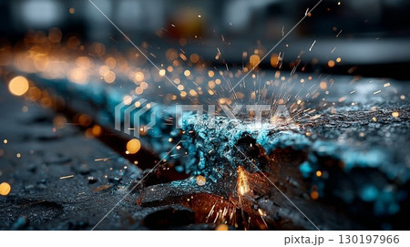 Welding sparks on a metal beam in an industrial setting 130197966