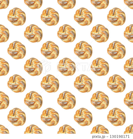 Braided bun with poppy seeds seamless watercolor pattern, featuring golden crust and delicate seeds. White background design for bakery branding and packaging 130198171
