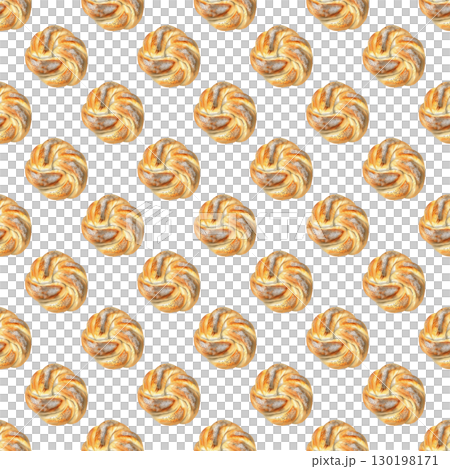 Braided bun with poppy seeds seamless watercolor pattern, featuring golden crust and delicate seeds. White background design for bakery branding and packaging 130198171